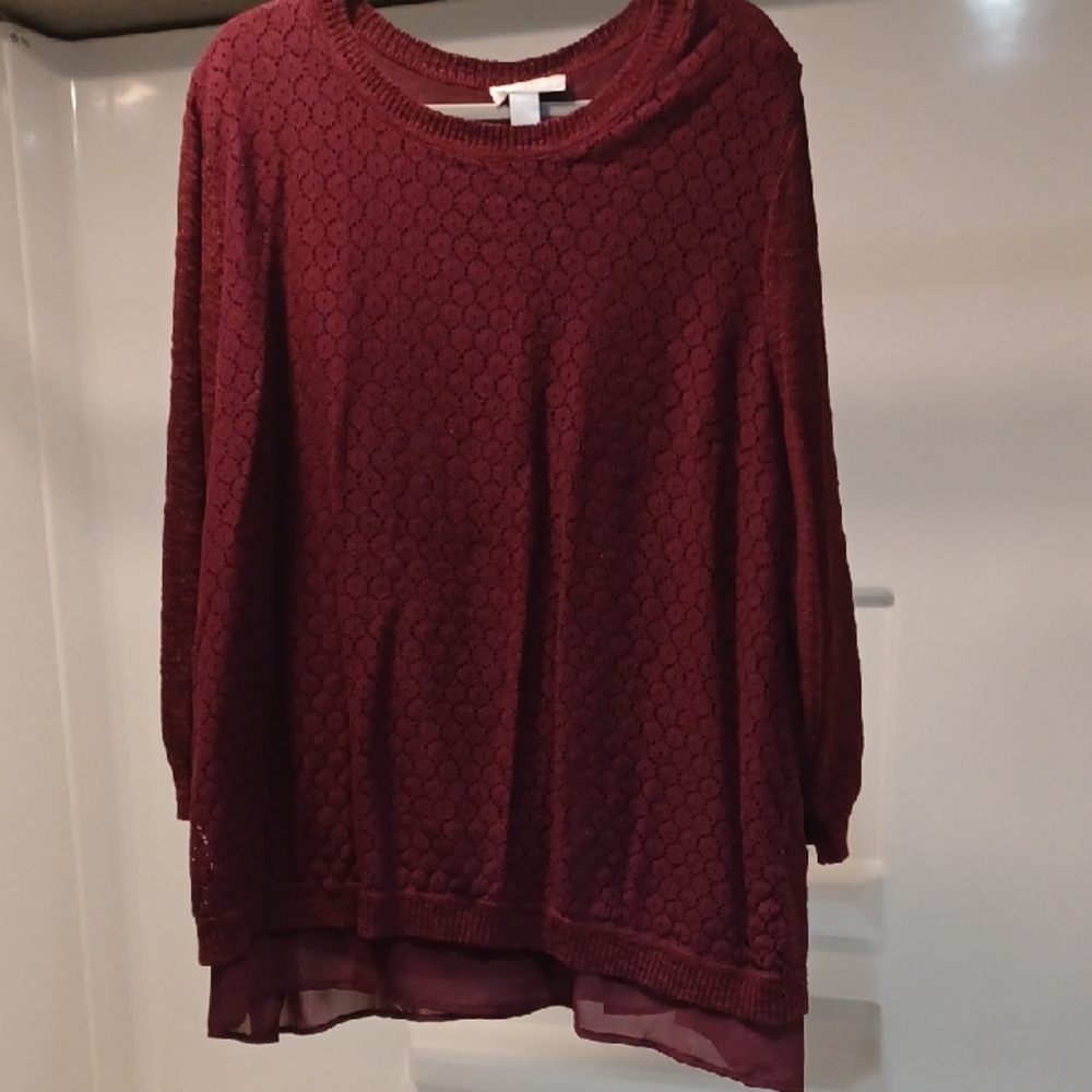 CJ Banks Burgundy Textured Crew Neck Sweater